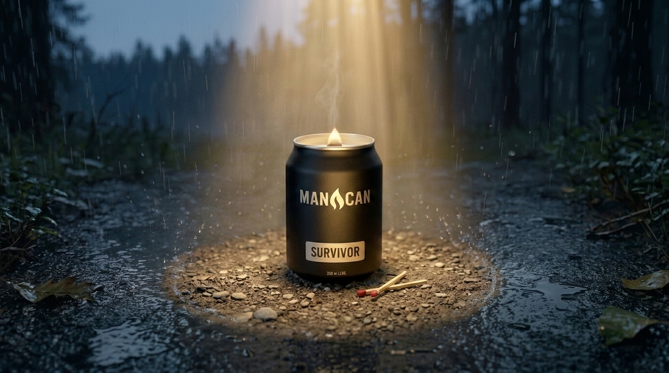 ManCan Survivor candle dry and glowing on a forest trail at dusk, rain deflecting around it in a beam of light