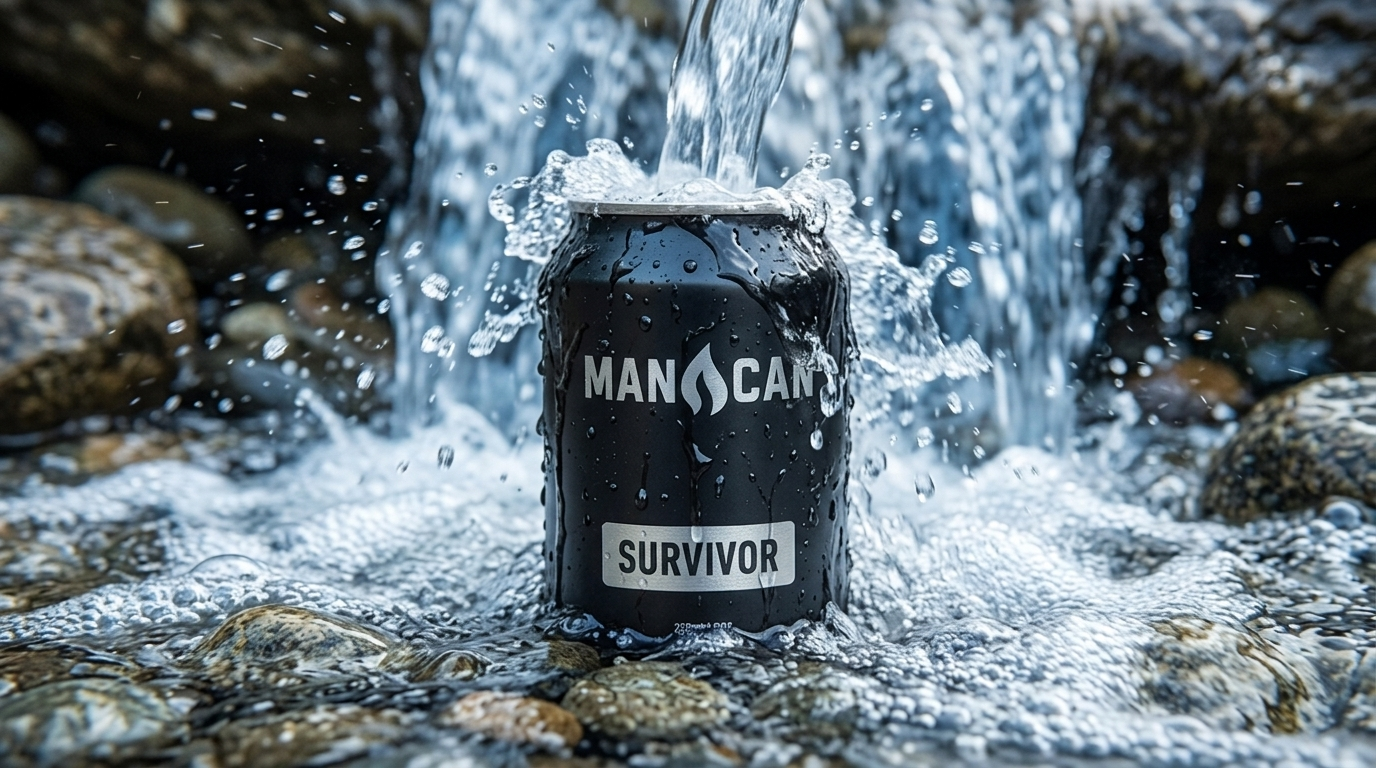 ManCan Survivor candle soaked by whitewater from a mountain stream waterfall, proving waterproof seal