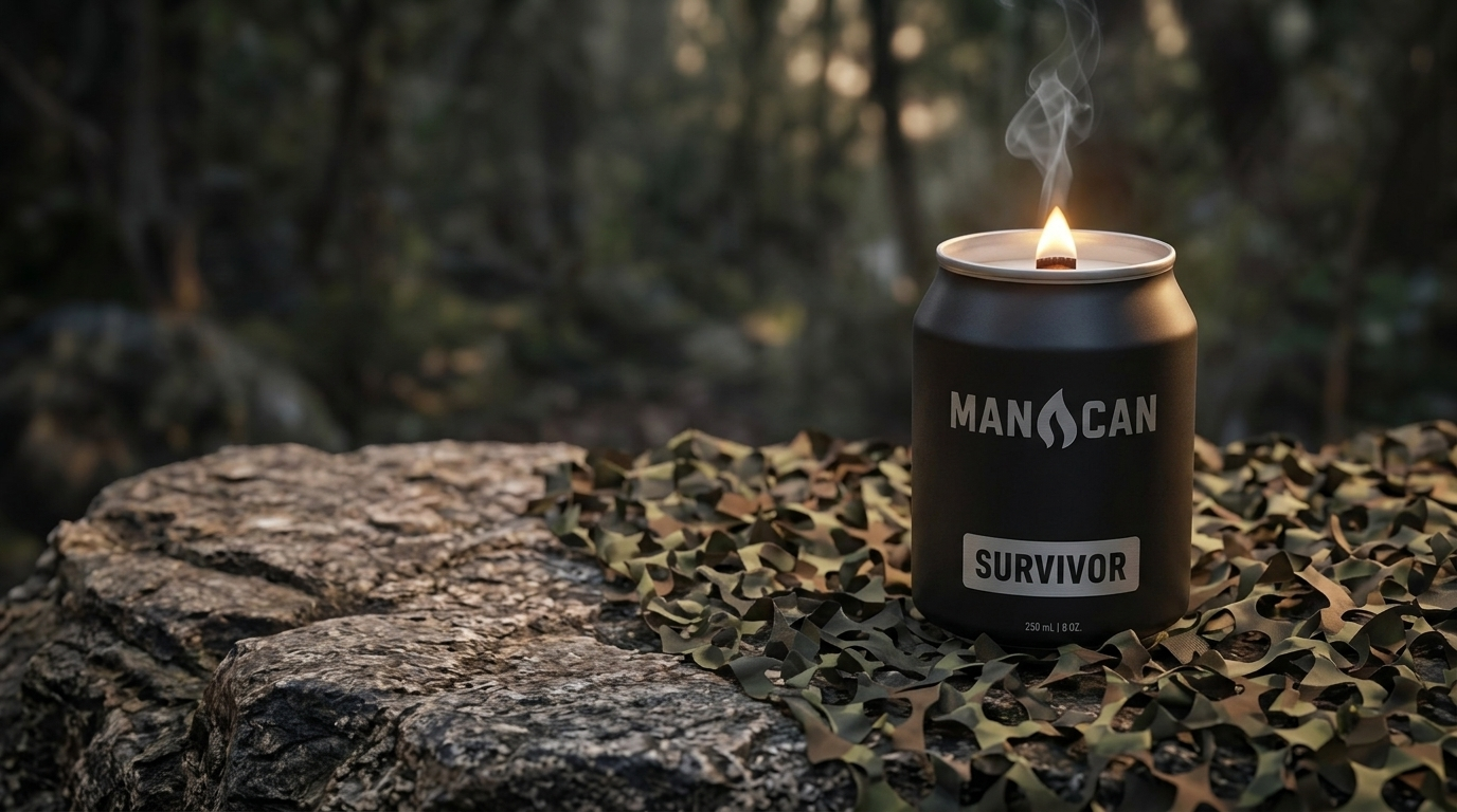 ManCan Survivor candle on a rock with camo netting, open top with lit wood wick