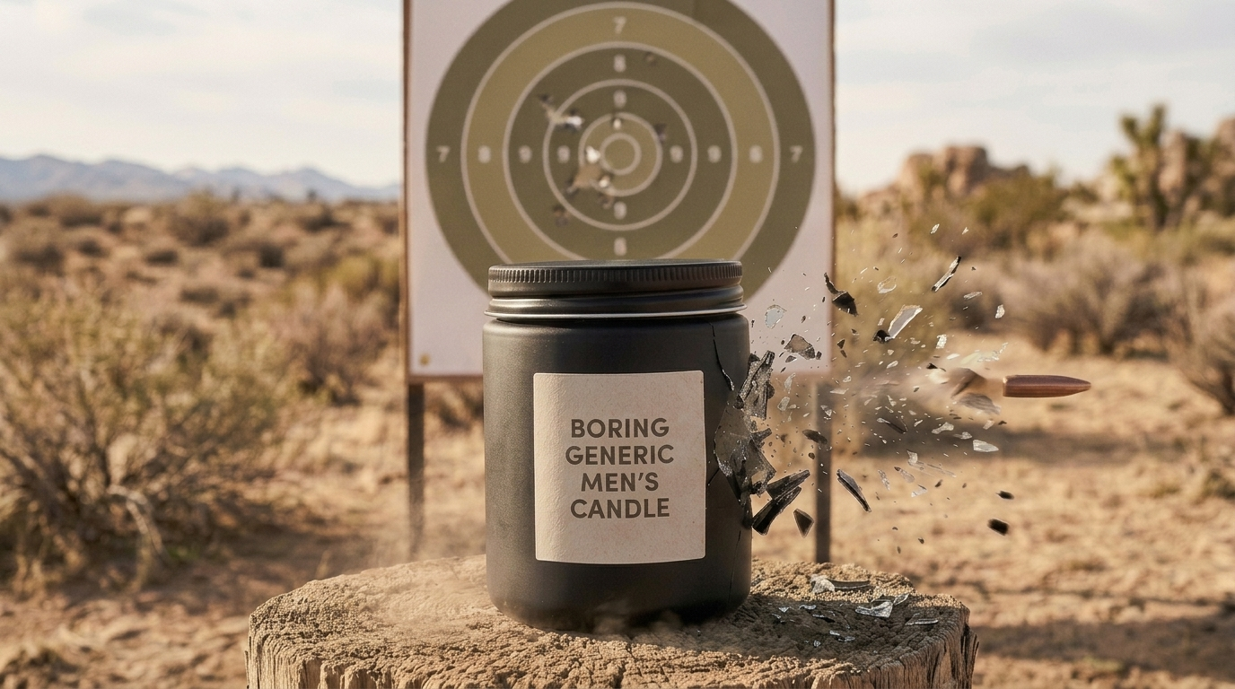 Competitor glass candle shattering from a bullet on a desert shooting range with distant mountains, ManCan Survivor durability concept