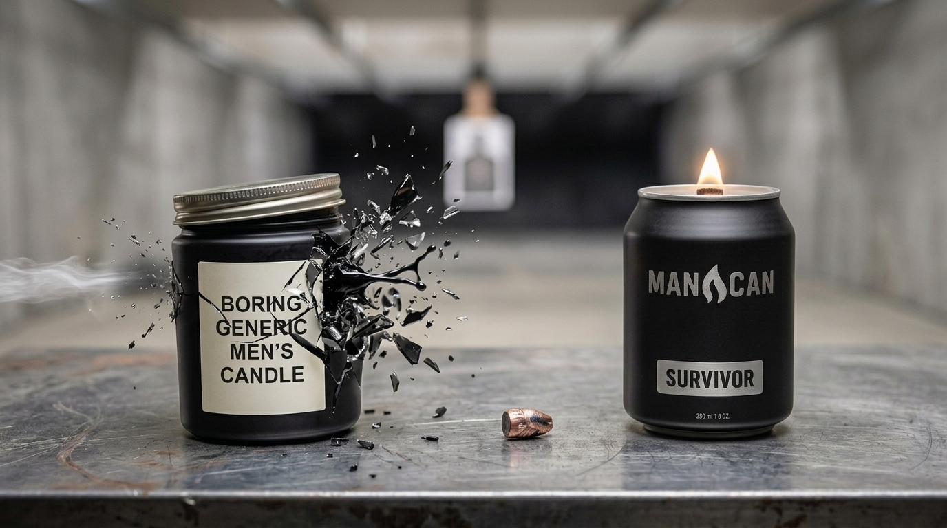 ManCan Survivor can intact beside a shattered generic glass candle and spent bullet at a clean indoor shooting range